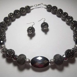 Handmade Dark Gray Rhinestone Crystals Beaded Necklace and Earring Set